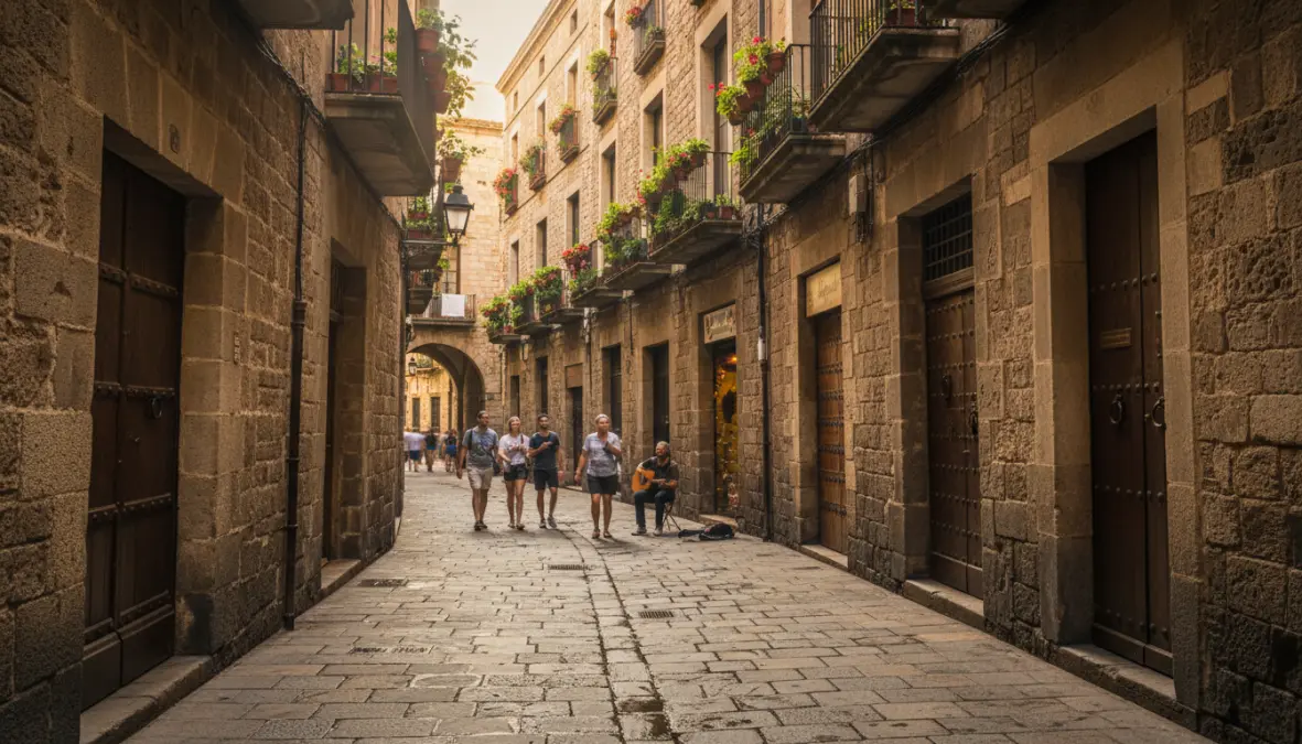 Gothic Quarter Barcelona narrow medieval street with historic architecture