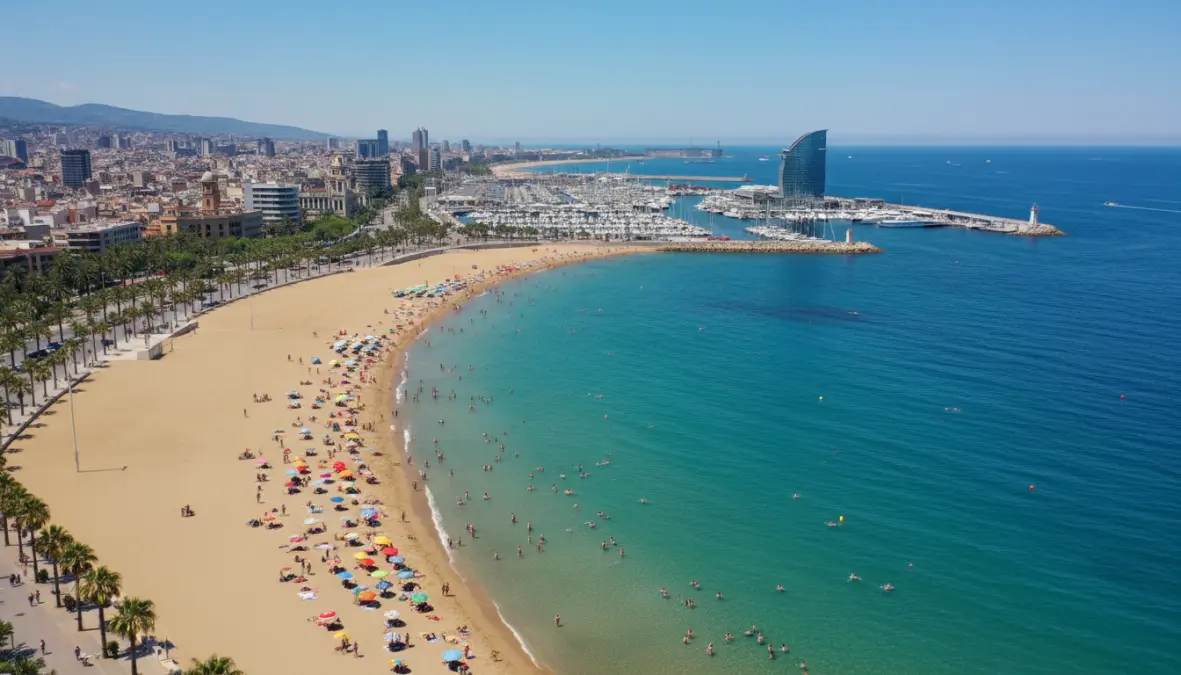 Barceloneta Beach and Mediterranean coastline view from Montjuic Barcelona