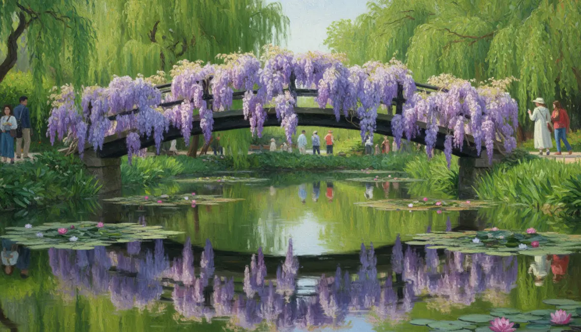 Monet's Japanese bridge and water lily pond in Giverny, popular Paris day trip destination