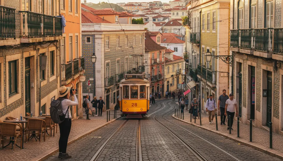 Lisbon yellow tram on cobblestone street, one of the best European cities for solo weekend travel