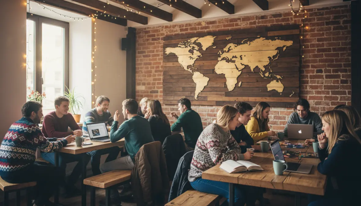 Solo travelers meeting in European hostel common area during weekend city break