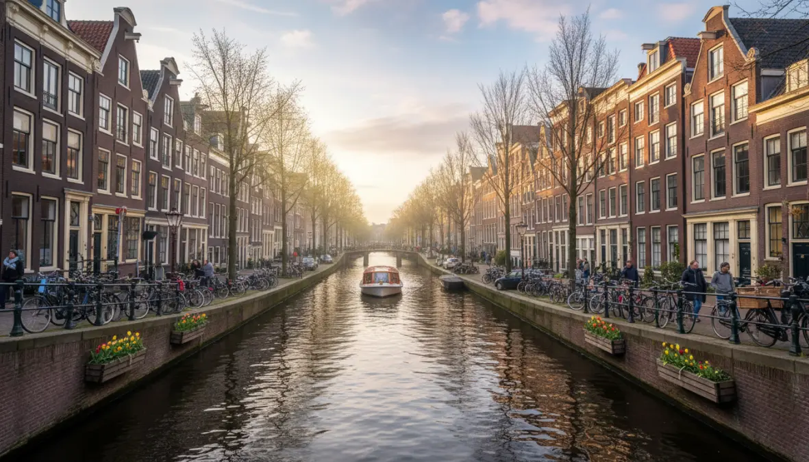 Amsterdam canals in March with early spring tulips, perfect European spring destination