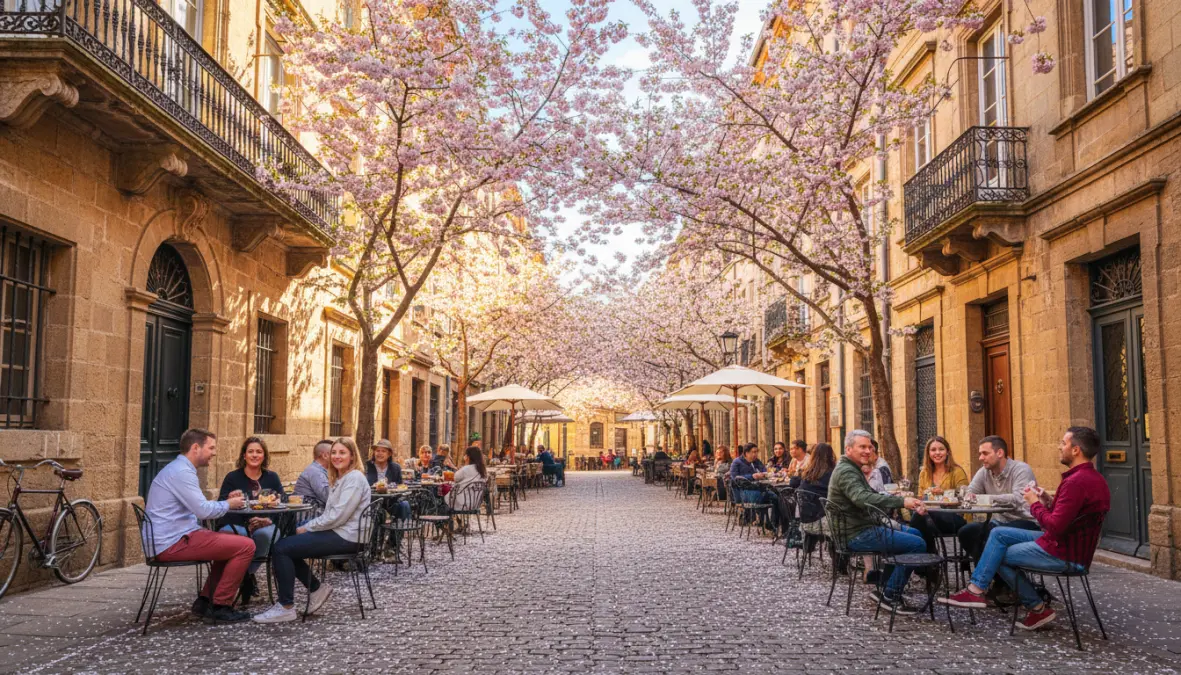 Historic European city street with cherry blossoms during spring, ideal for spring city breaks europe