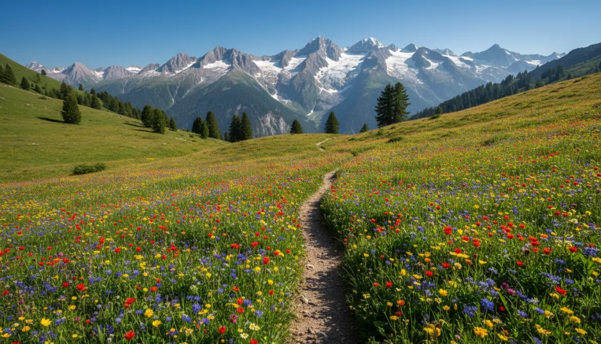 Alpine meadows with spring wildflowers in European mountains, perfect for nature spring getaways europe