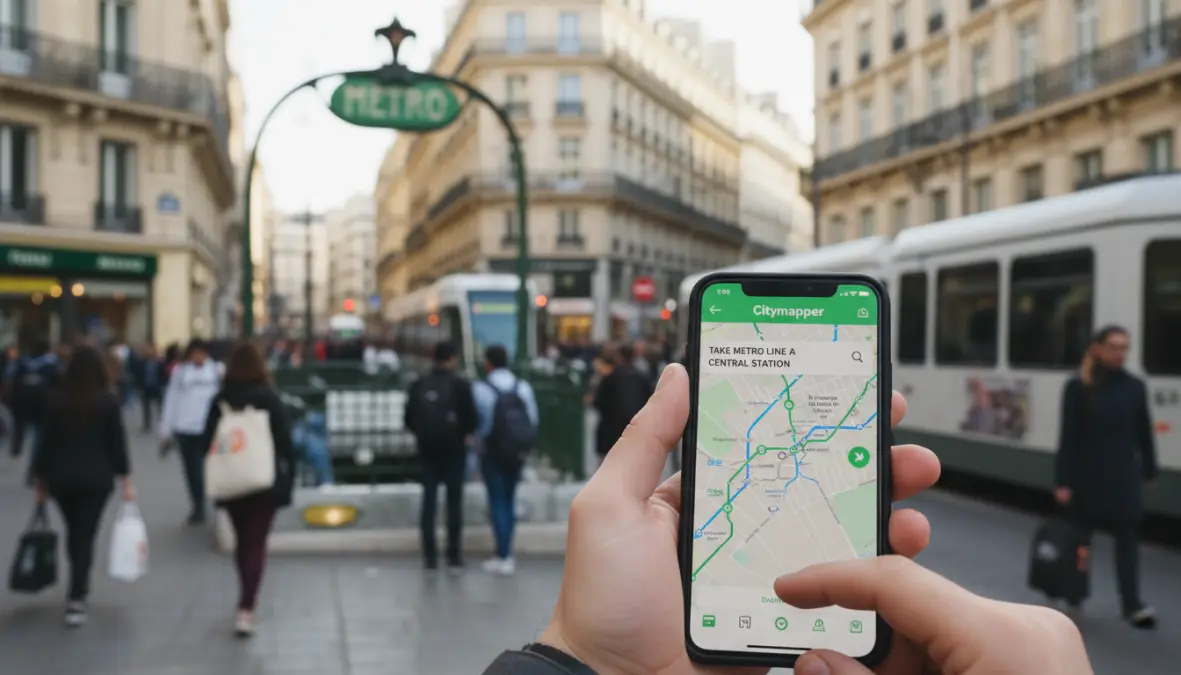 traveler using city break travel apps for navigation in European city