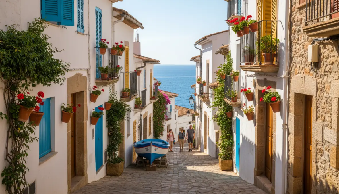 Traditional Catalan coastal village street with whitewashed houses near Barcelona