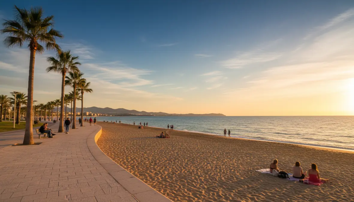 Peaceful seaside promenade and beach in quiet coastal town south of Barcelona