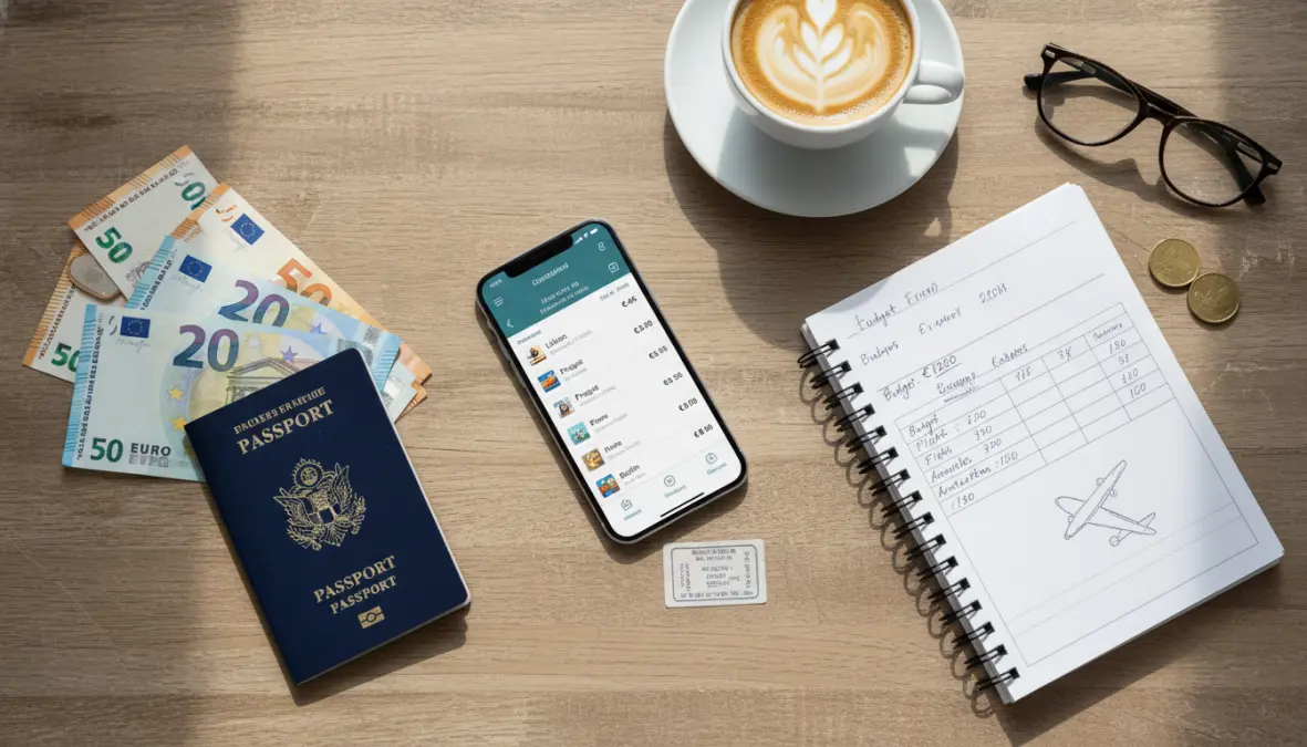 Smartphone showing last minute travel deals and budget planning for weekend trips Europe