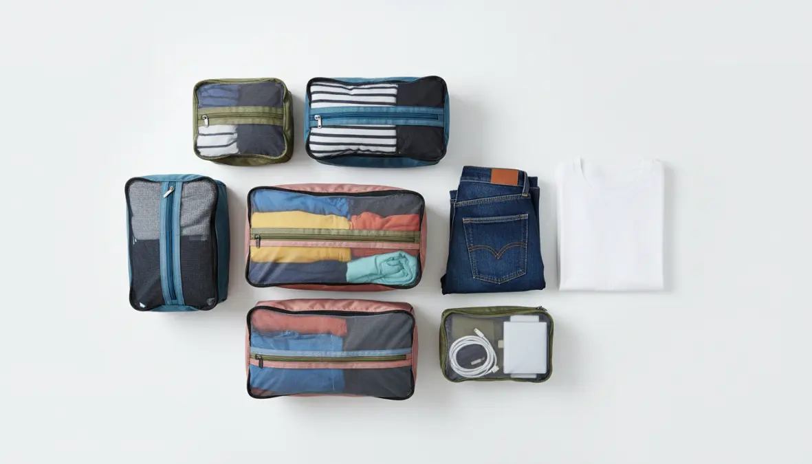 Packing cubes organization system for weekend travel with rolled clothes