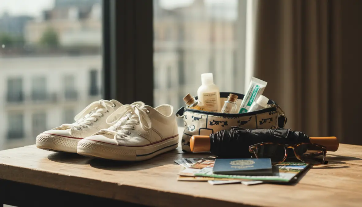 Weekend city break essentials including comfortable walking shoes and travel toiletries