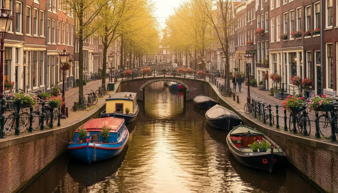 Charming Jordaan neighborhood canal with houseboats and traditional Amsterdam architecture