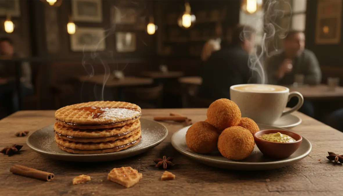 Authentic Dutch food including stroopwafels and bitterballen at traditional Amsterdam cafe