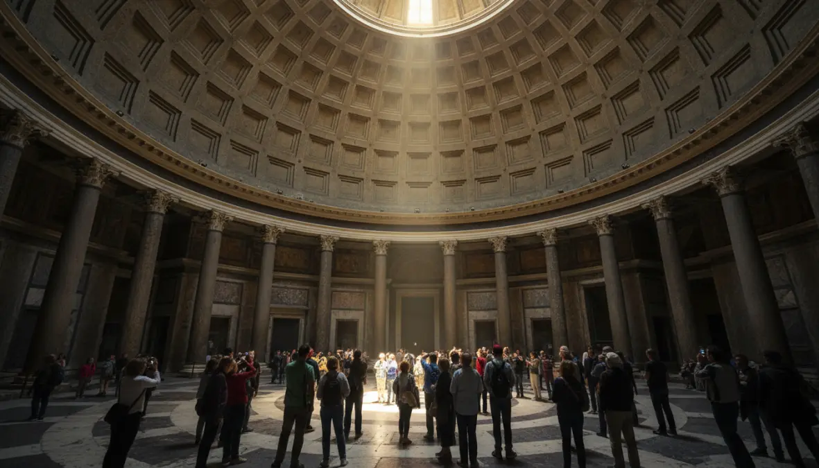 Interior of Rome's Pantheon with iconic oculus ceiling, essential stop on one day Rome walking tour