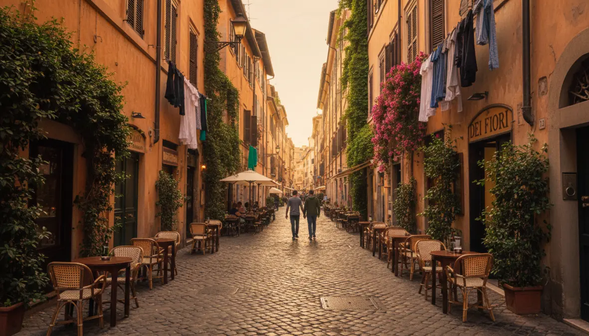 Picturesque Trastevere neighborhood street in Rome, hidden gem for evening exploration during 24 hours in Rome