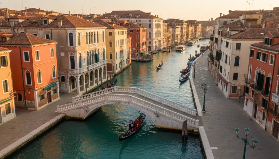Romantic gondola ride through Venice canals, one of the best romantic destinations in Europe for couples