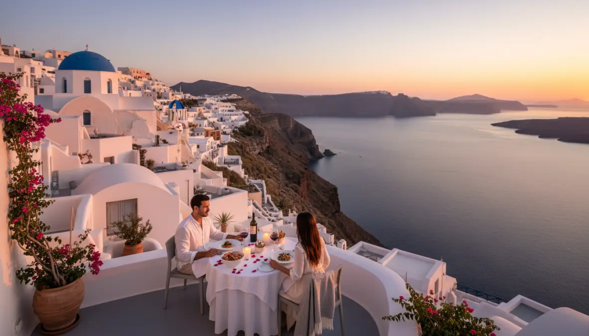 Intimate dining experience with caldera views in Santorini, perfect romantic European weekend getaway for couples