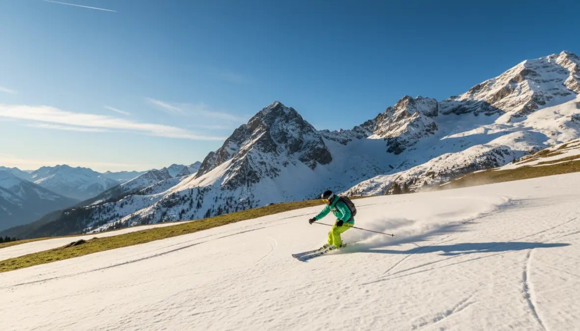 Spring skiing in alpine resort during April mountain weekend getaway