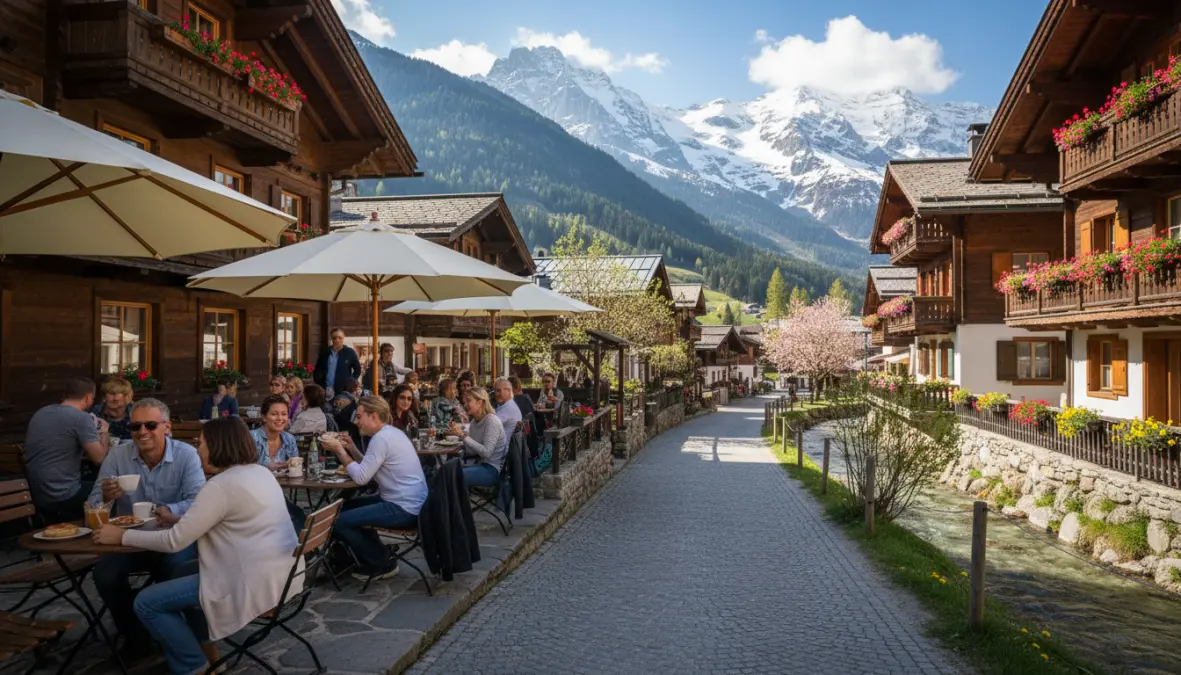 Charming alpine village in spring perfect for mountain retreat in April