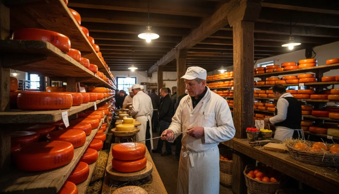 Traditional Edam cheese wheels at a cheese market near Amsterdam