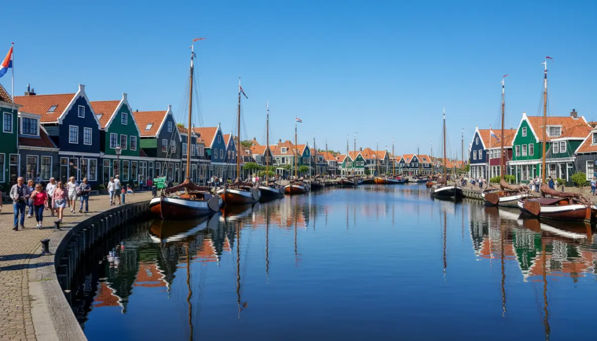 Colorful harbor of Volendam fishing village, a popular day trip from Amsterdam