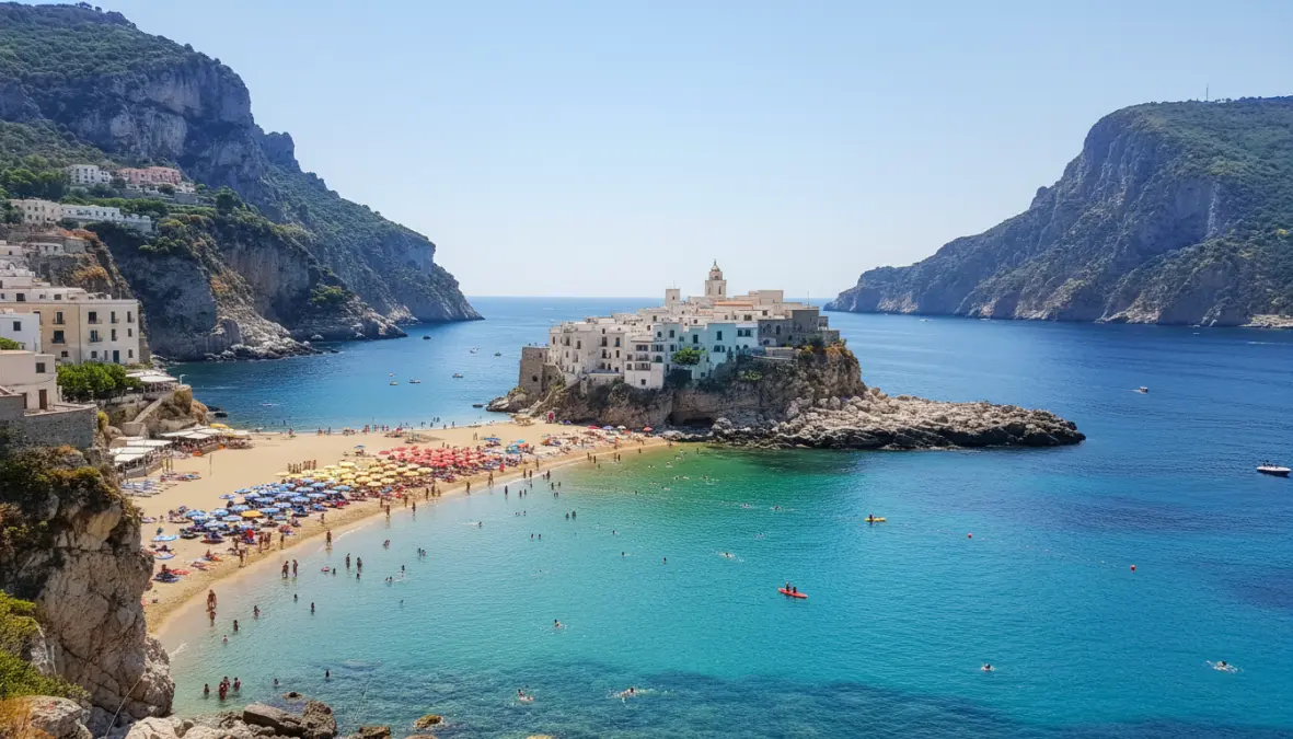 Sperlonga beach and coastal town, Mediterranean day trip from Rome with crystal waters
