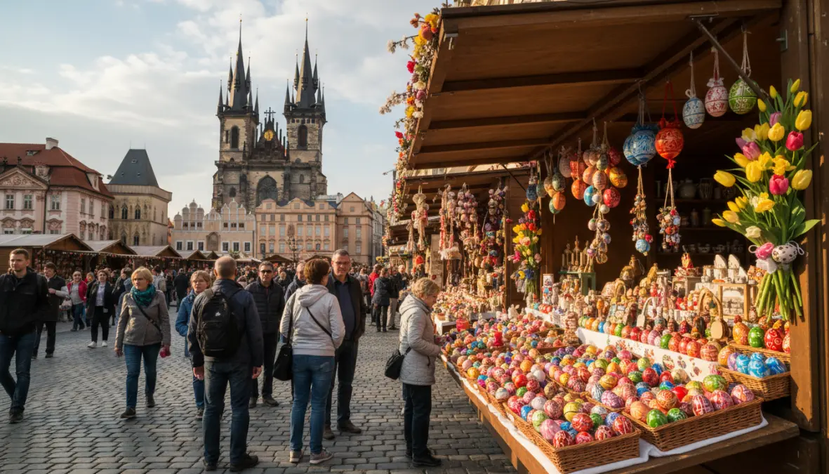 Traditional Easter market in Prague with decorated eggs and spring decorations