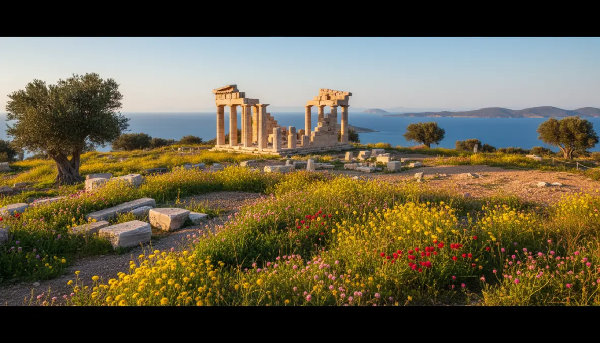 Ancient Mediterranean island ruins surrounded by spring wildflowers, perfect destination for european island escapes