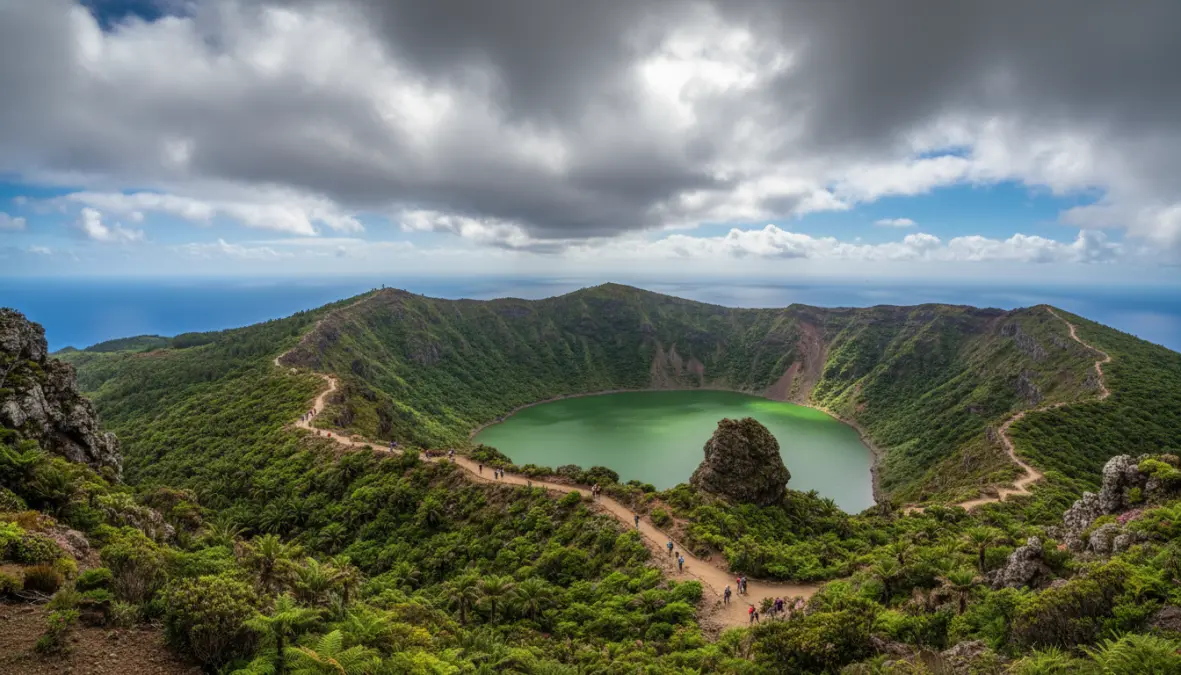 Volcanic crater lake on Atlantic island with hiking trails, ideal for spring atlantic island getaways in Europe