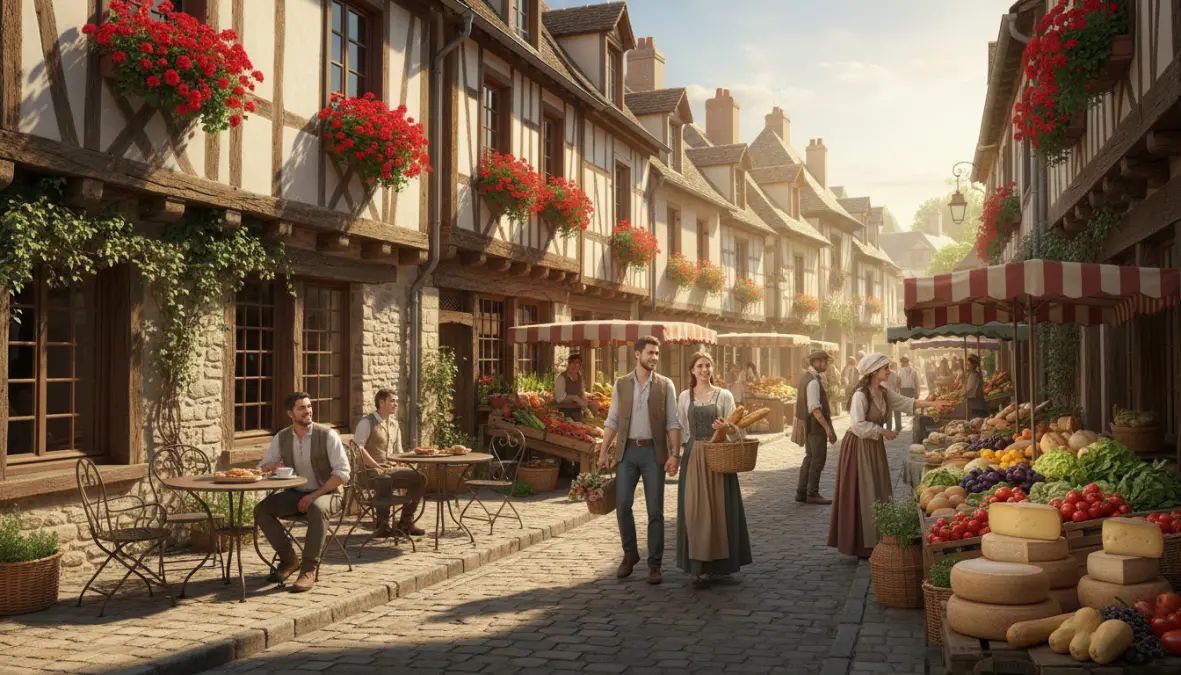 Medieval French village with local market and charming architecture ideal for spring weekend visits