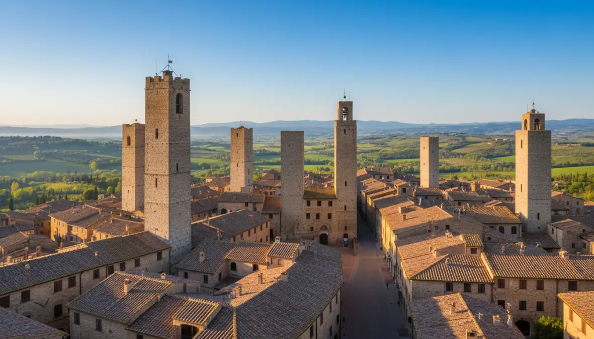 San Gimignano medieval towers and cobblestone streets in Tuscany during spring
