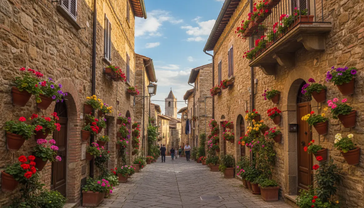 Flower-lined cobblestone street in Spello, one of Umbria's most beautiful medieval villages in spring