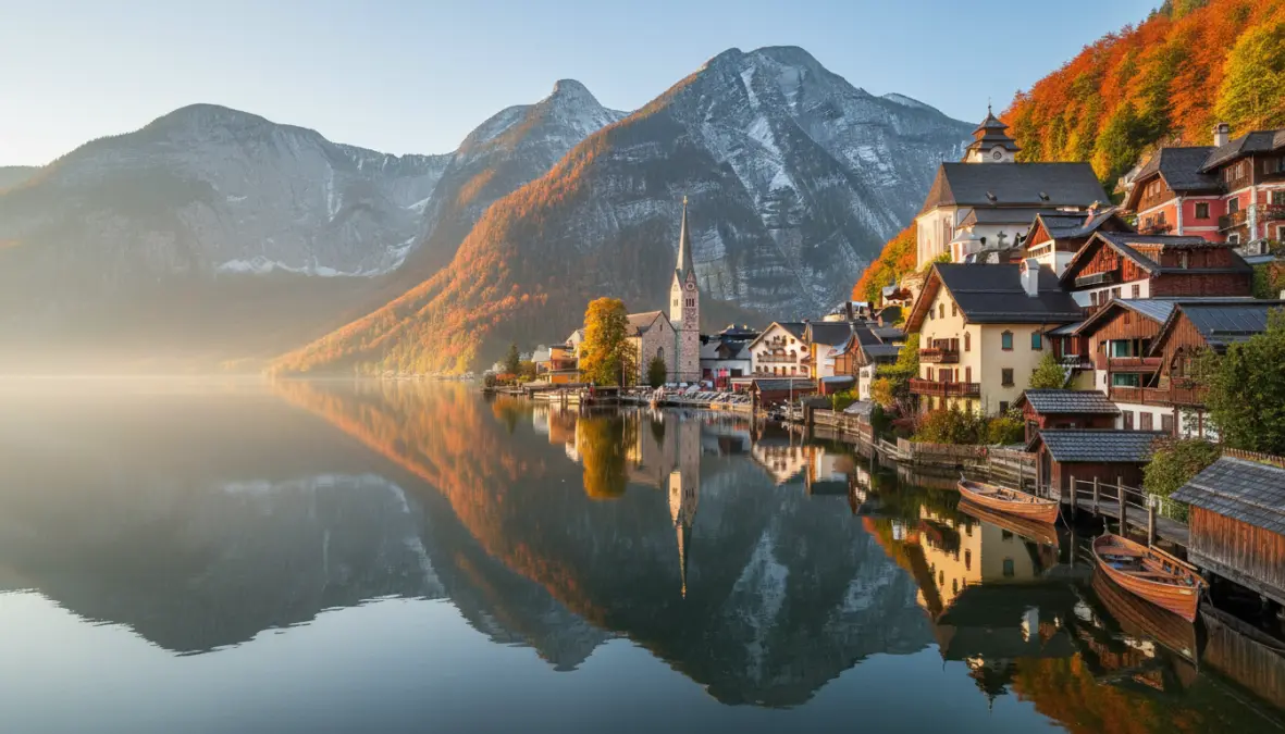 Hallstatt village reflected in Hallstätter See, iconic Austrian alpine lake destination for weekend trips