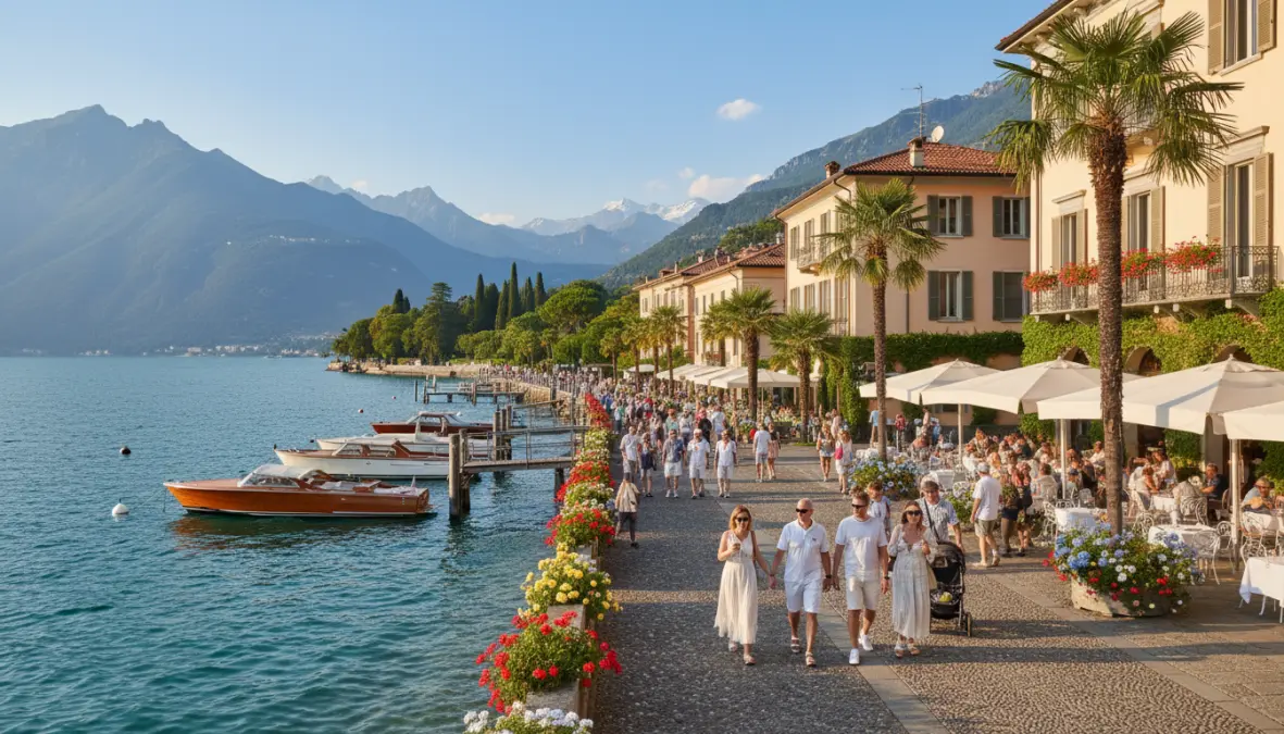 Charming lakeside town promenade on Italian lake showing waterfront accommodation and lakeside resorts