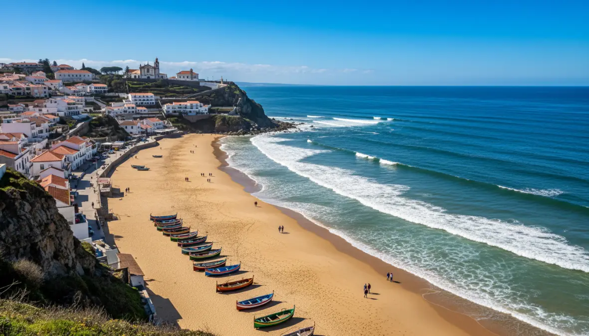 Panoramic view of Nazaré beach with traditional fishing boats and clifftop village, one of Portugal's most beautiful coastal towns