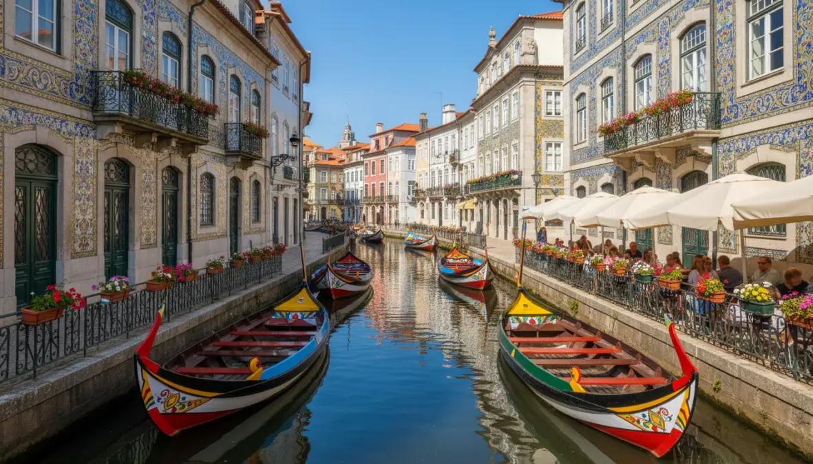 Traditional moliceiro boats in Aveiro's picturesque canals with colorful tiled buildings, Portuguese Venice coastal town