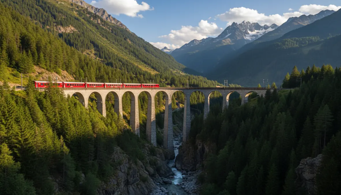 Bernina Express train crossing historic alpine viaduct on scenic railway route Switzerland