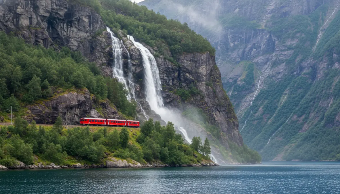 Scenic coastal railway line along Norwegian fjord with waterfall and mountain views