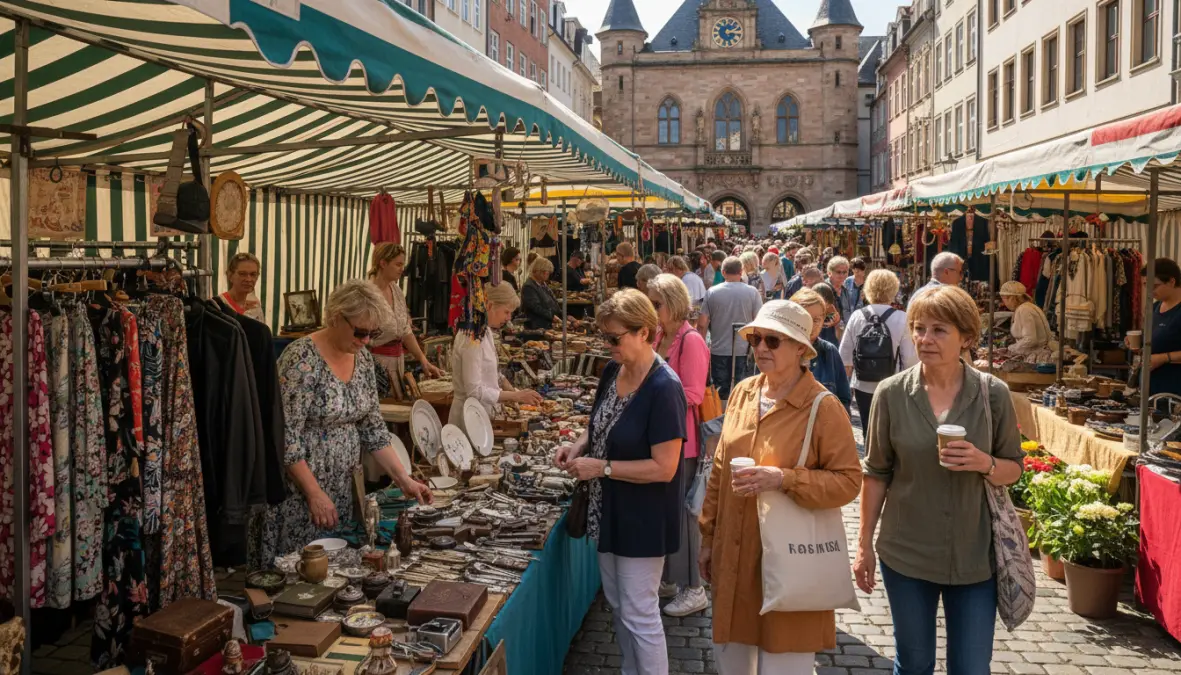 Vibrant European flea market with vintage items and shoppers browsing antiques and clothing