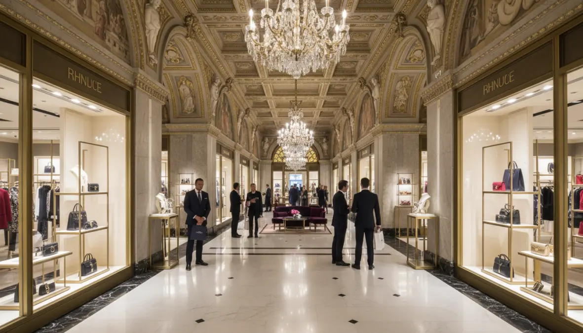 Luxury European department store interior with designer boutiques and elegant shopping atmosphere