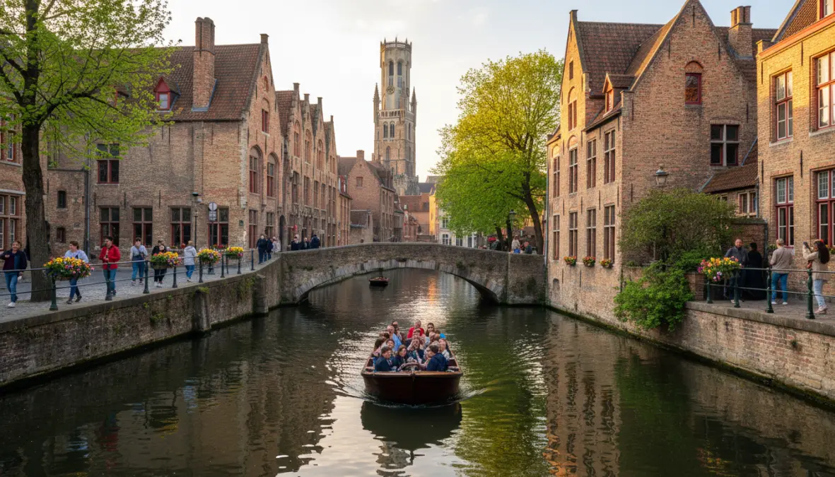 Beautiful Rozenhoedkaai canal view in Bruges with boat tour and medieval architecture