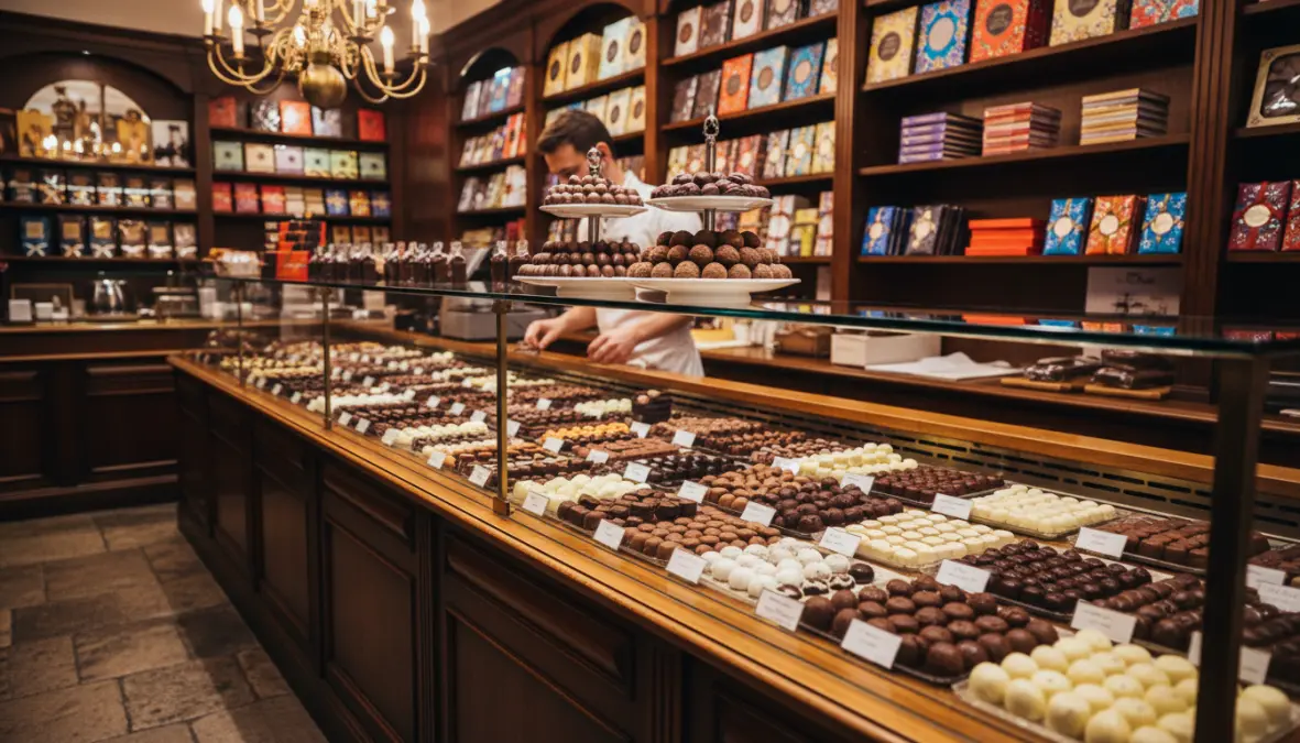 Artisan Belgian chocolate shop interior with handmade pralines in Bruges