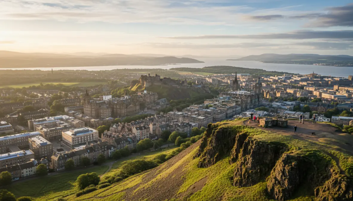 Panoramic view from Arthur's Seat showing Edinburgh cityscape, perfect alternative for a Highland experience during a weekend visit