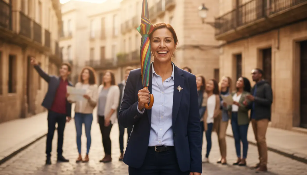 Professional local tour guide leading free walking tour in European city
