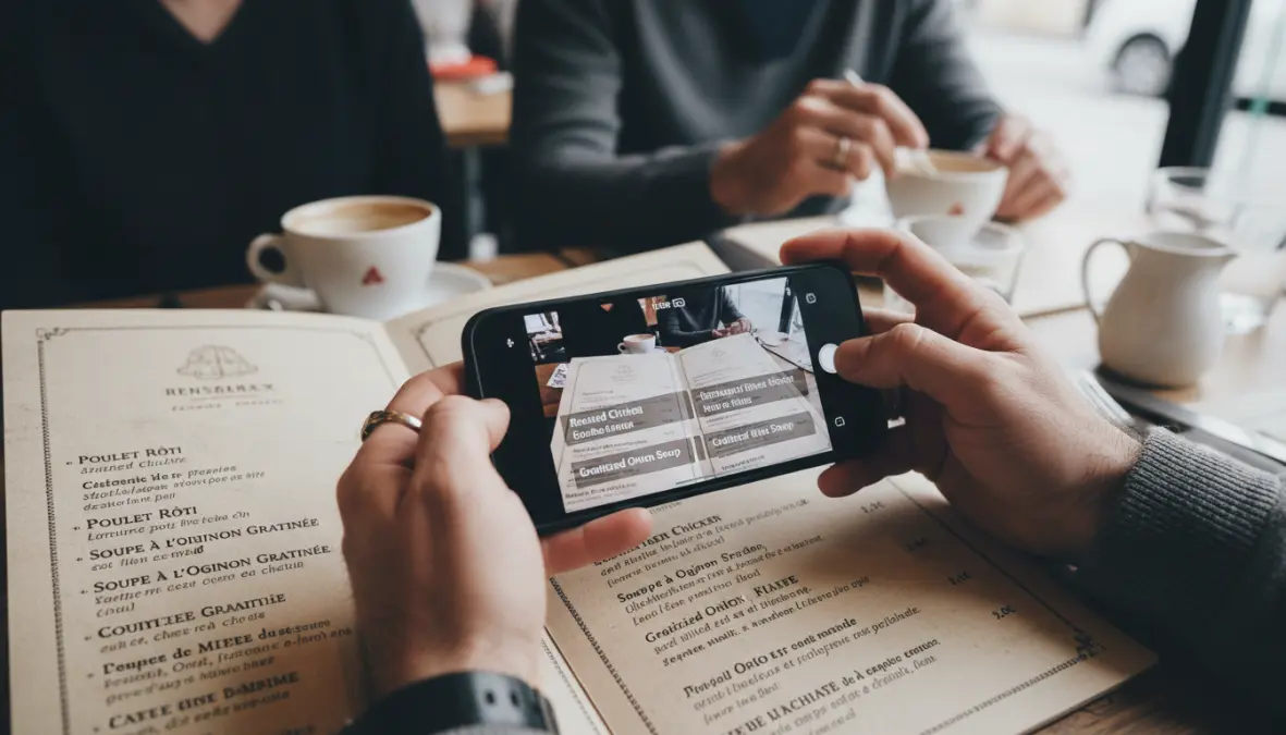 Offline translation app translating European restaurant menu without mobile data abroad