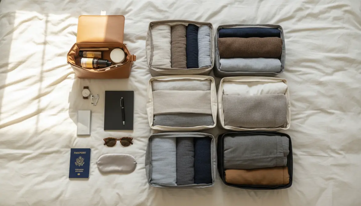 Organized packing cubes and minimalist Europe travel essentials laid out on bed
