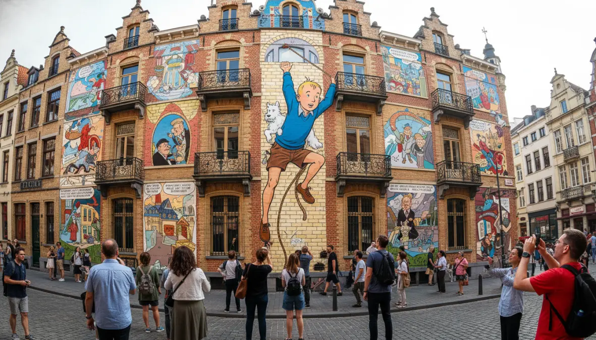 Brussels comic strip route mural featuring Tintin on building facade during one day walking tour