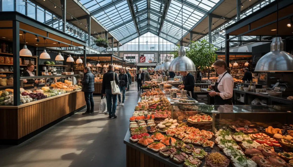 Torvehallerne food market Copenhagen with traditional Danish smørrebrød and local cuisine - hygge culture experience