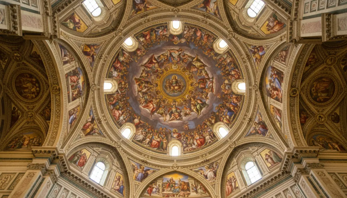 Interior view of the Duomo cathedral dome ceiling with Vasari's Last Judgment frescoes in Florence