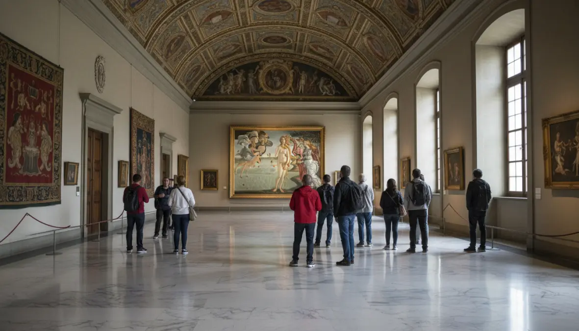 Uffizi Gallery interior with Botticelli's Birth of Venus and Renaissance masterpieces in Florence