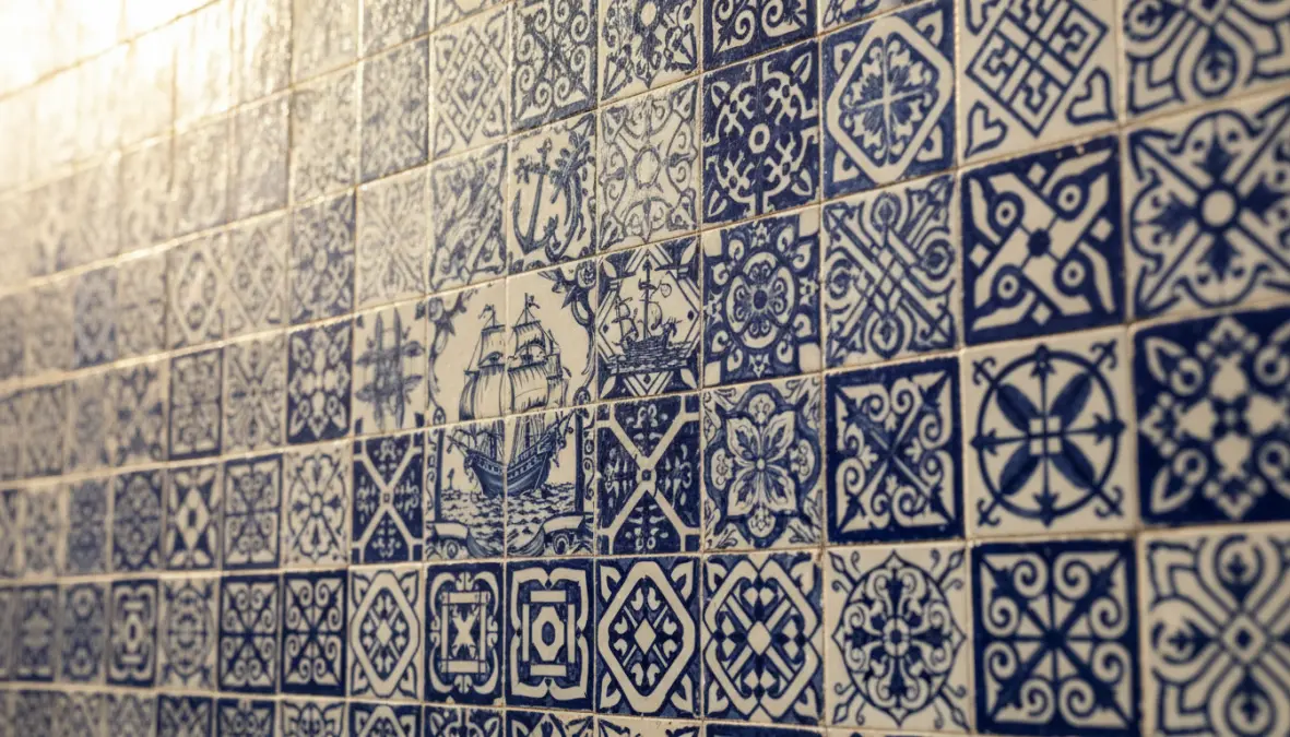 Traditional Portuguese azulejos tiles with blue and white patterns on historic Lisbon building